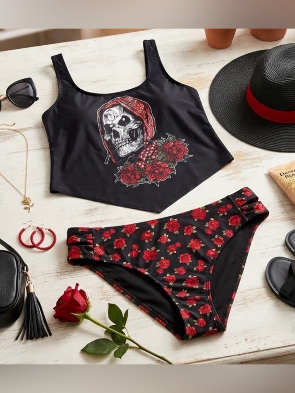 Forever 21 Black & Red Floral Skull Tankini Bikini Set